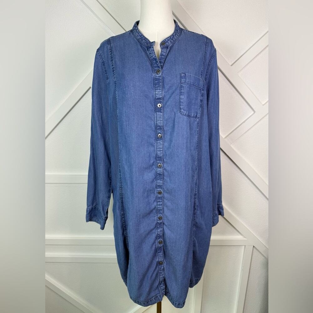 J. Jill Denim Tencel Chambray Tunic Shirt Dress Roll Tab Long Sleeves Blue XL